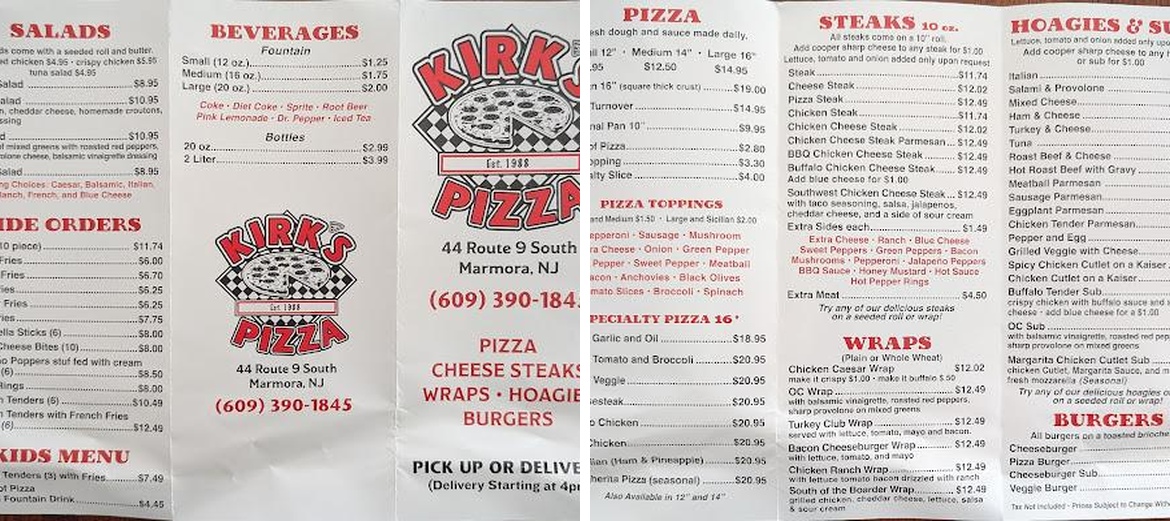 Kirk's Pizzeria Menu